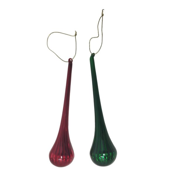 Pair of Blown Art Glass Christmas Ornaments - Long Teardrop  Shape Red and Green - Picture 1 of 4